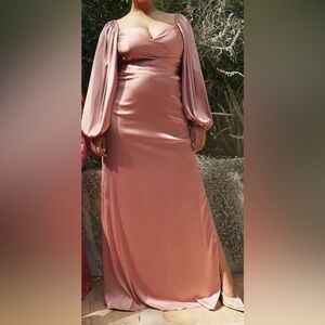 ROSE GOLD Cinderella Party SATIN PUFFY SLEEVES LONG MAXI Evening Dress plus 20